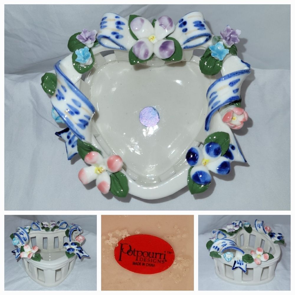 Potpourri Designs Decor Candy Dish Floral Heart Shaped Basket